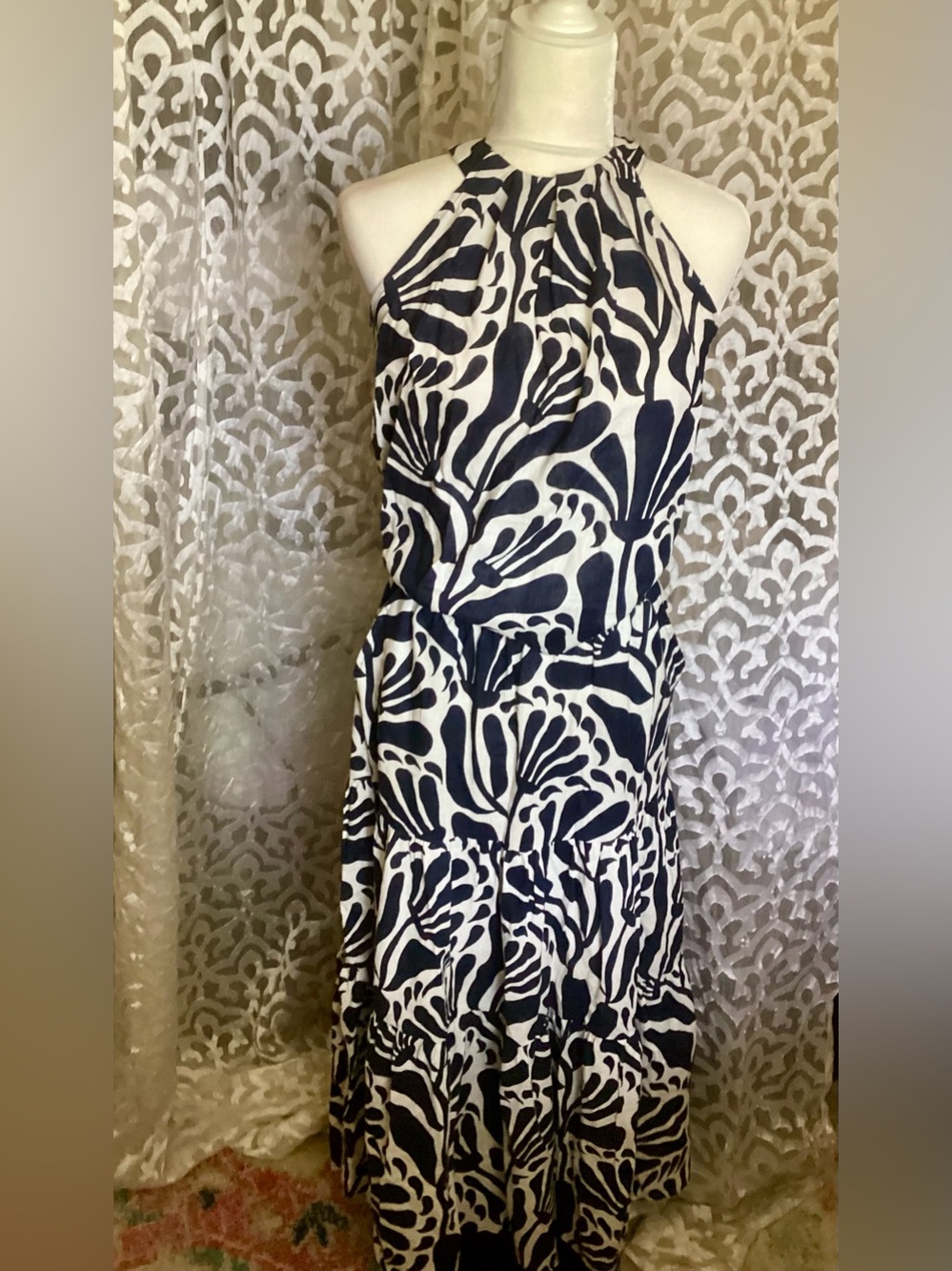 Christian Siriano NY Navy/White Halter Botanical Print 2 Piece Maxi Skirt/Top XS